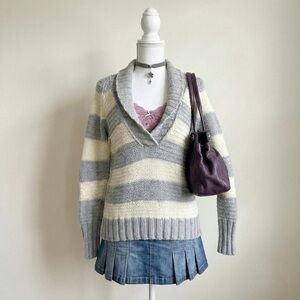 gap wool blend gray cream striped pullover sweater large